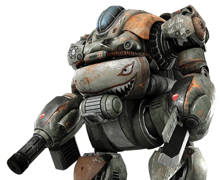 Game character modeling of a grey color combat mechanical robot with a rusty body and a shark logo