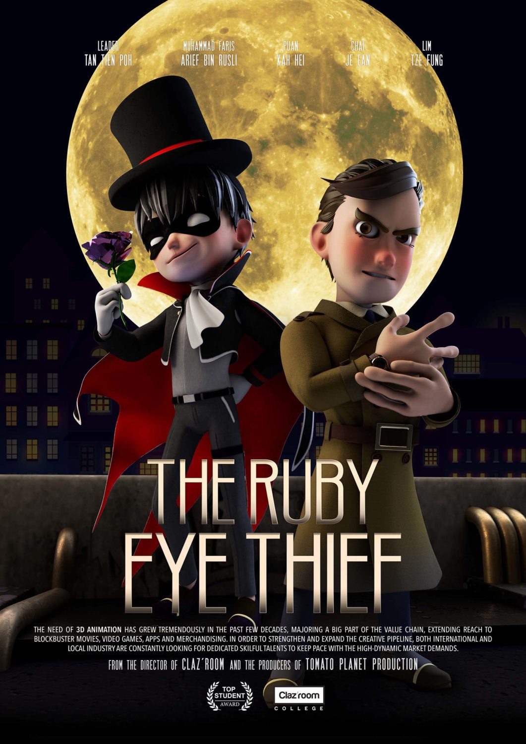 3D Animation Project theme "The ruby eye thief", both antagonistic men stand opposite under the moon